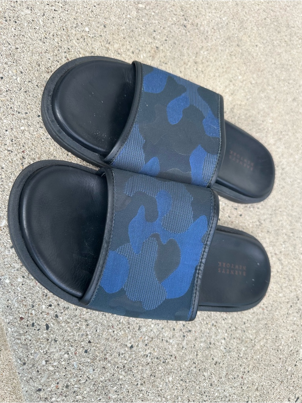 Barneys New York Black Slide Sandals with Blue Camo Strap